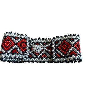 GLASS BEADS Huichol Bracelet Red Black White Diamond Pattern Beaded Loop Closure
